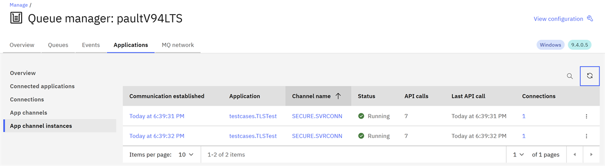 The TLSTest application is using two instances of the SECURE.SVRCONN channel - one for the connection created from cf1, and one for the connection created from cf2.